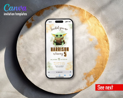 Baby Yoda Grogu Star Wars Mandalorian Cream Watercolor Video Birthday Invitation | Animated Evite | Editable Canva