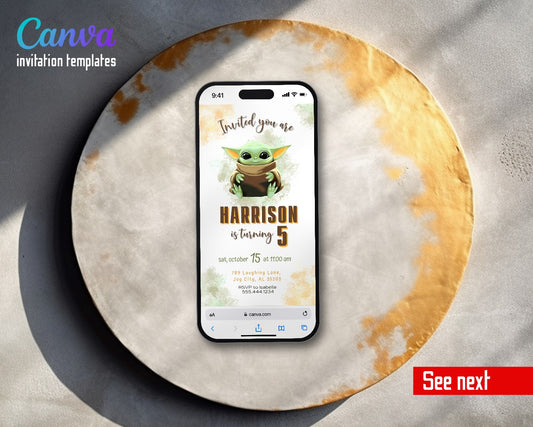 Baby Yoda Grogu Star Wars Mandalorian Cream Watercolor Video Birthday Invitation | Animated Evite | Editable Canva