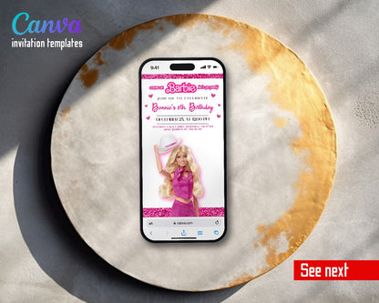 Barbie Pink Glitter Cowgirl Video Birthday Invitation | Animated Evite | Editable Canva