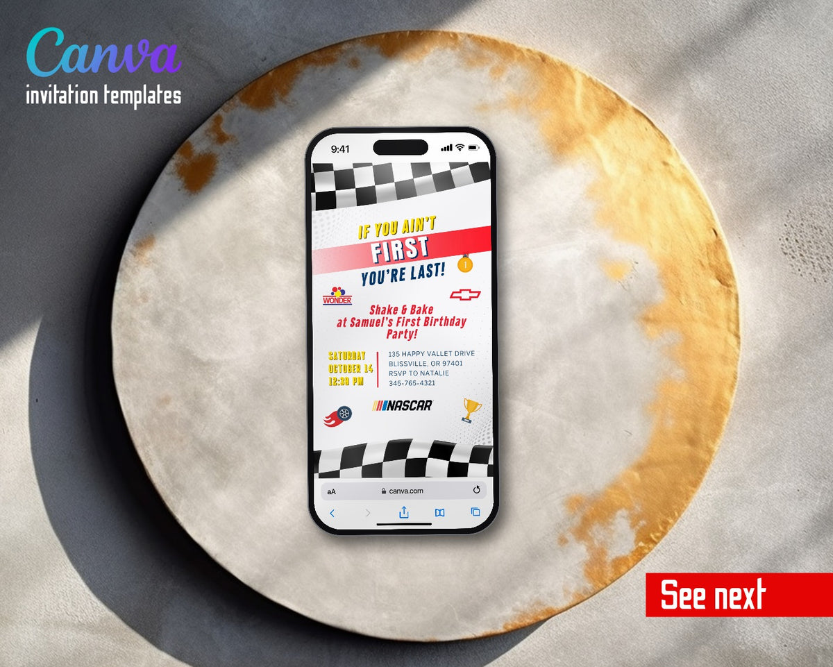 Nascar Racing Ricky Bobby Ain't First Light Flag Video Birthday Invitation | Animated Evite | Editable Canva