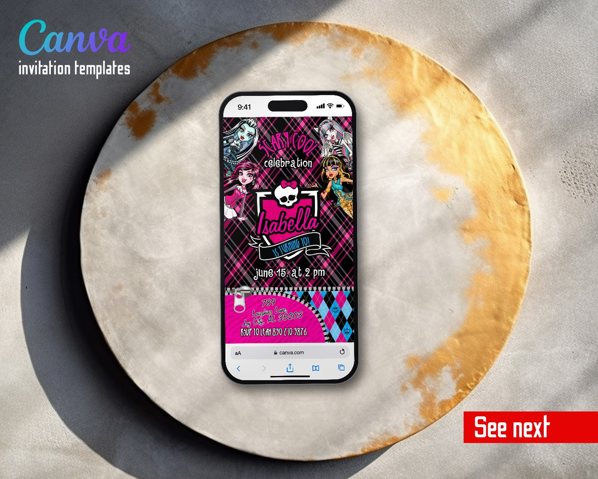 Monster High Zipper Plaid Skull Crest Video Birthday Invitation | Animated Evite | Editable Canva