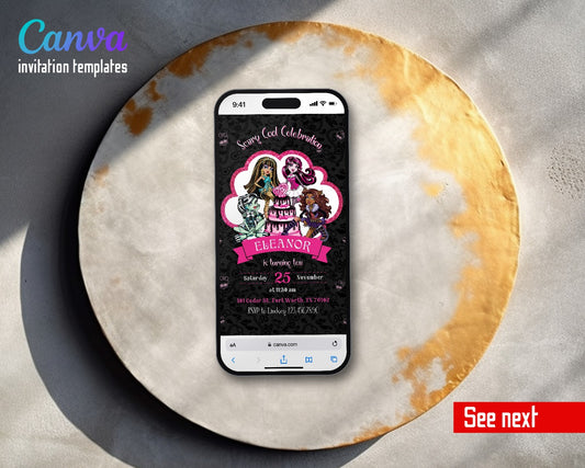 Monster High Birthday Cake Scalloped Frame Video Birthday Invitation | Animated Evite | Editable Canva