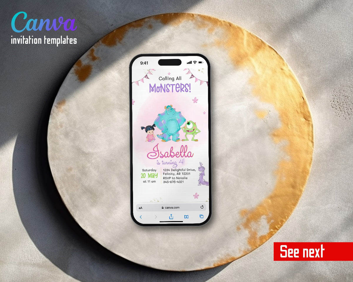 Monsters, Inc. Pastel Watercolor Monsters Video Birthday Invitation | Animated Evite | Editable Canva