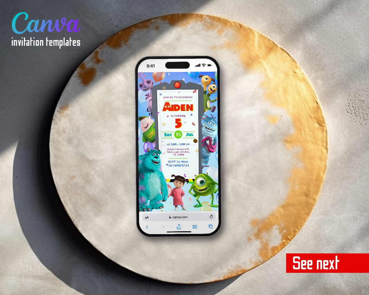 Monsters, Inc. Monster Door Balloon Fun Video Birthday Invitation | Animated Evite | Editable Canva