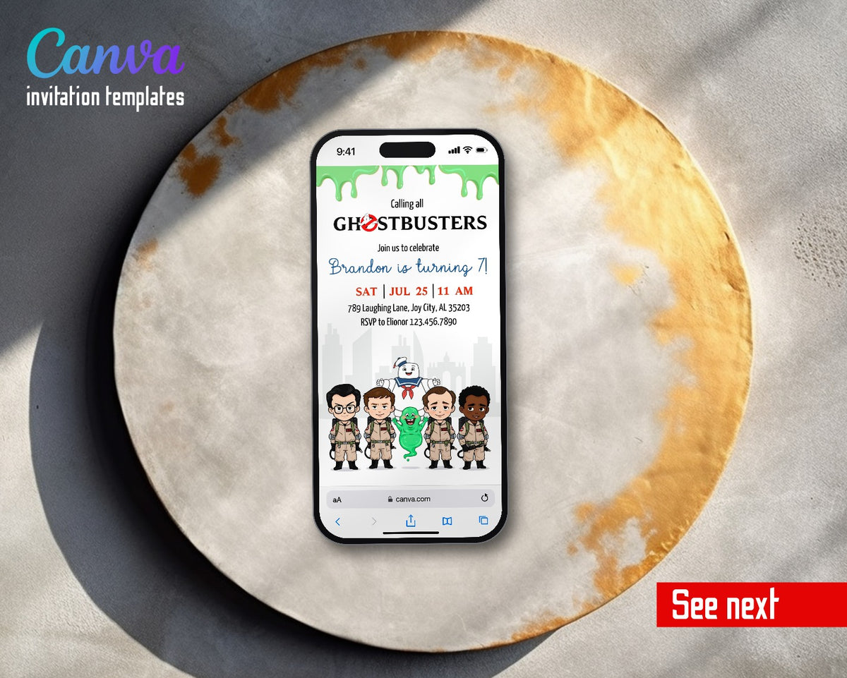 Ghostbusters Chibi Team Slime Skyline Video Birthday Invitation | Animated Evite | Editable Canva