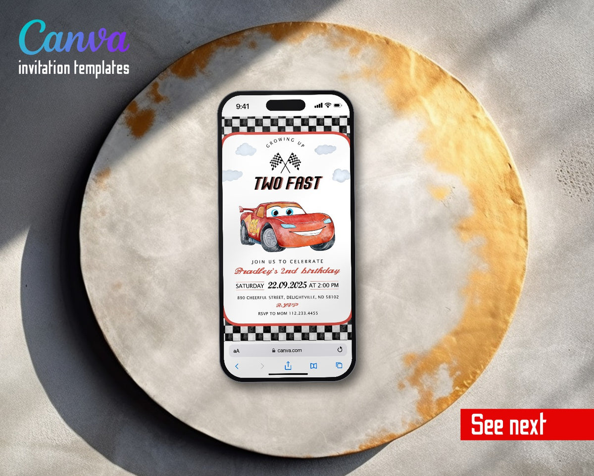 Cars Lightning Mcqueen Two Checkered Border Racer Video Birthday Invitation | Animated Evite | Editable Canva