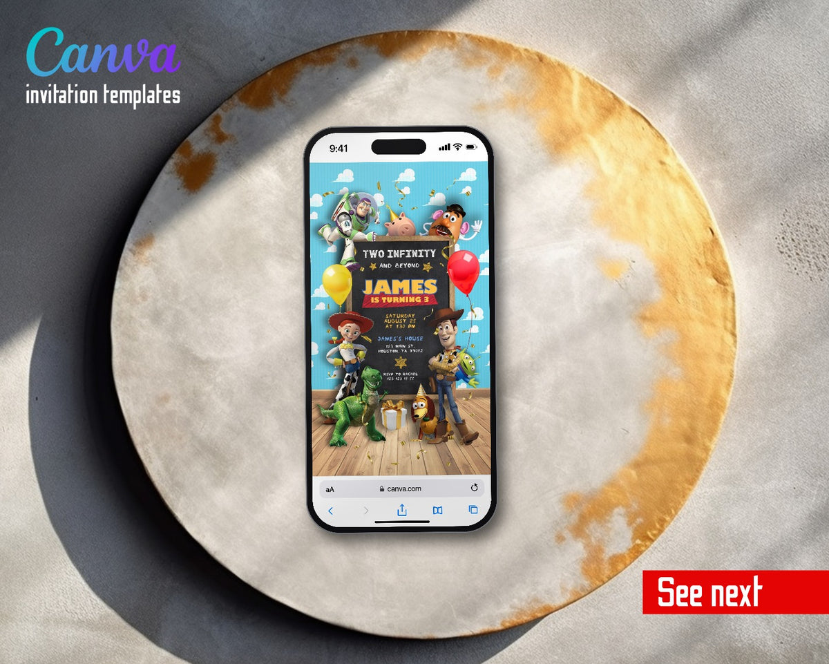 Toy Story Woody Buzz Lightyear Chalkboard Room Video Birthday Invitation | Animated Evite | Editable Canva
