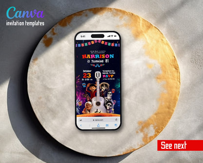 Coco Día Muertos Halloween Fiesta Guitar Family Video Birthday Invitation | Animated Evite | Editable Canva