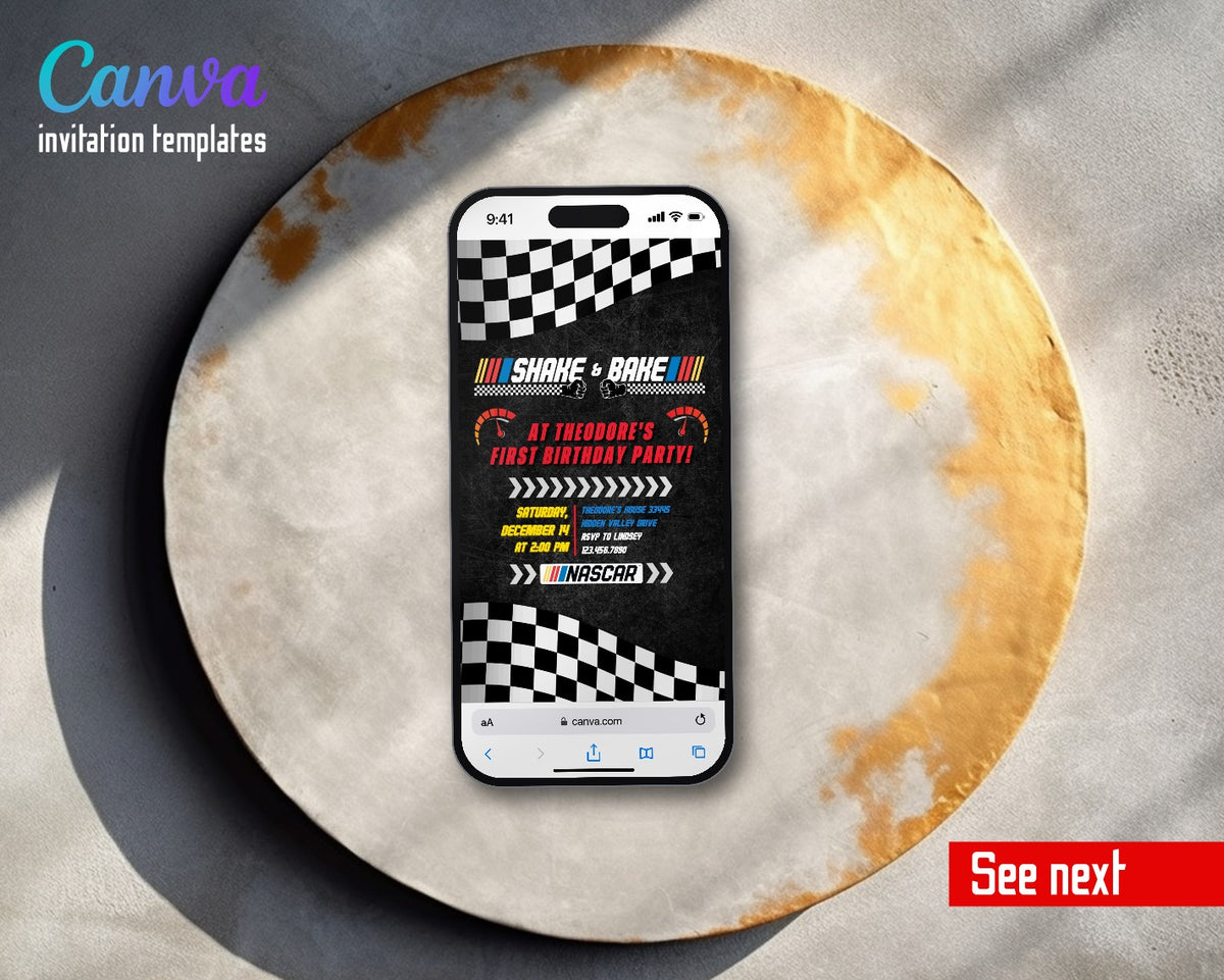 Nascar Racing Ricky Bobby Dark Speedometer Shake Bake Video Birthday Invitation | Animated Evite | Editable Canva