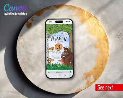 Gruffalo Woodland Log Slice Video Birthday Invitation | Animated Evite | Editable Canva