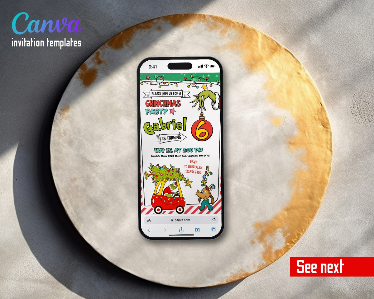 The Grinch Merry Grinchmas Max Wagon Tree Sleigh Video Birthday Invitation | Animated Evite | Editable Canva