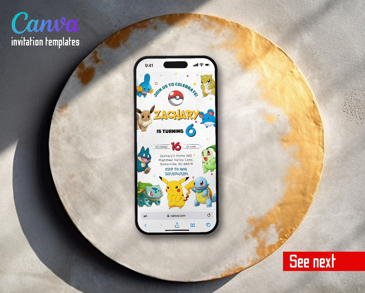 Pokemon Pikachu White Parade Video Birthday Invitation | Animated Evite | Editable Canva