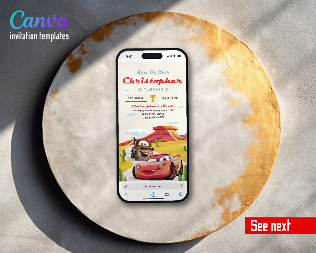 Cars Lightning McQueen Desert Road Mesa Video Birthday Invitation | Animated Evite | Editable Canva