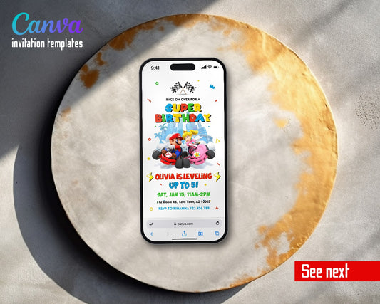 Mario Kart City Peach Duo Video Birthday Invitation | Animated Evite | Editable Canva