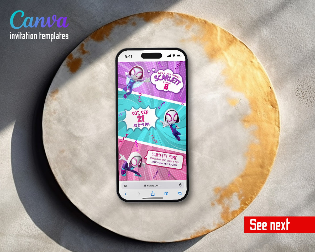 Spider Gwen Ghost Spidey Lilac Panels Video Birthday Invitation | Animated Evite | Editable Canva