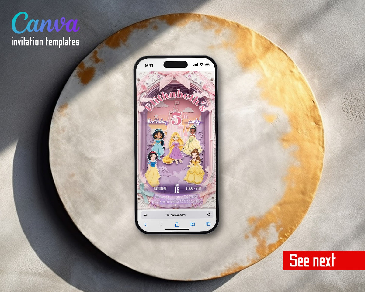 Disney Princess Paper Cut Castle Video Birthday Invitation | Animated Evite | Editable Canva