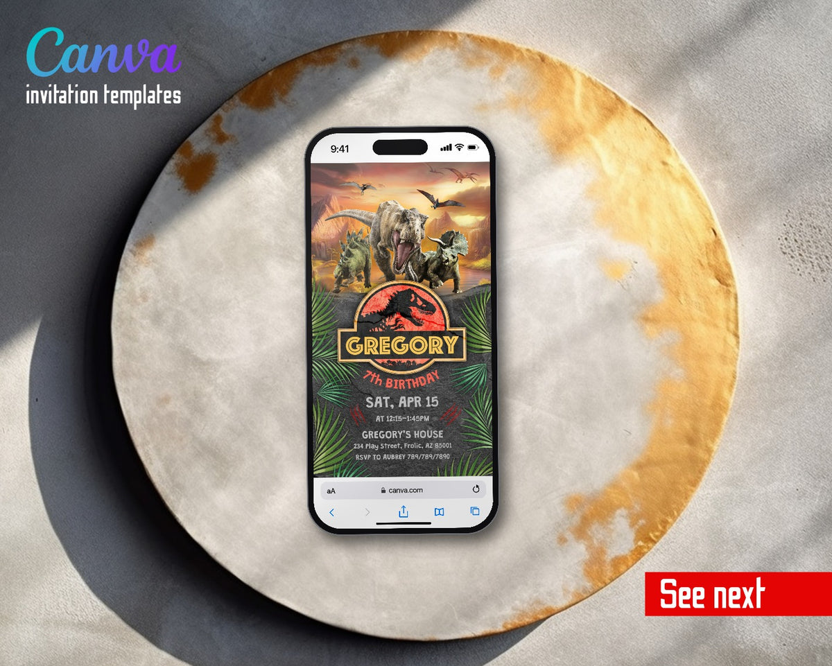 Jurassic Park Dinosaur Red Jungle Logo Sunset Video Birthday Invitation | Animated Evite | Editable Canva
