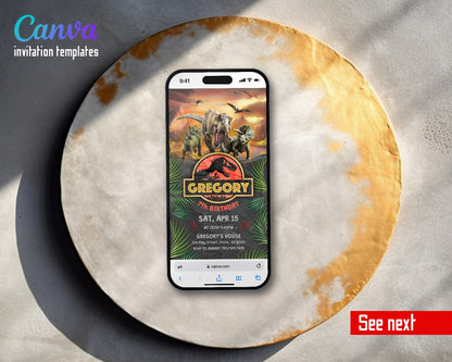 Jurassic Park Dinosaur Red Jungle Logo Sunset Video Birthday Invitation | Animated Evite | Editable Canva