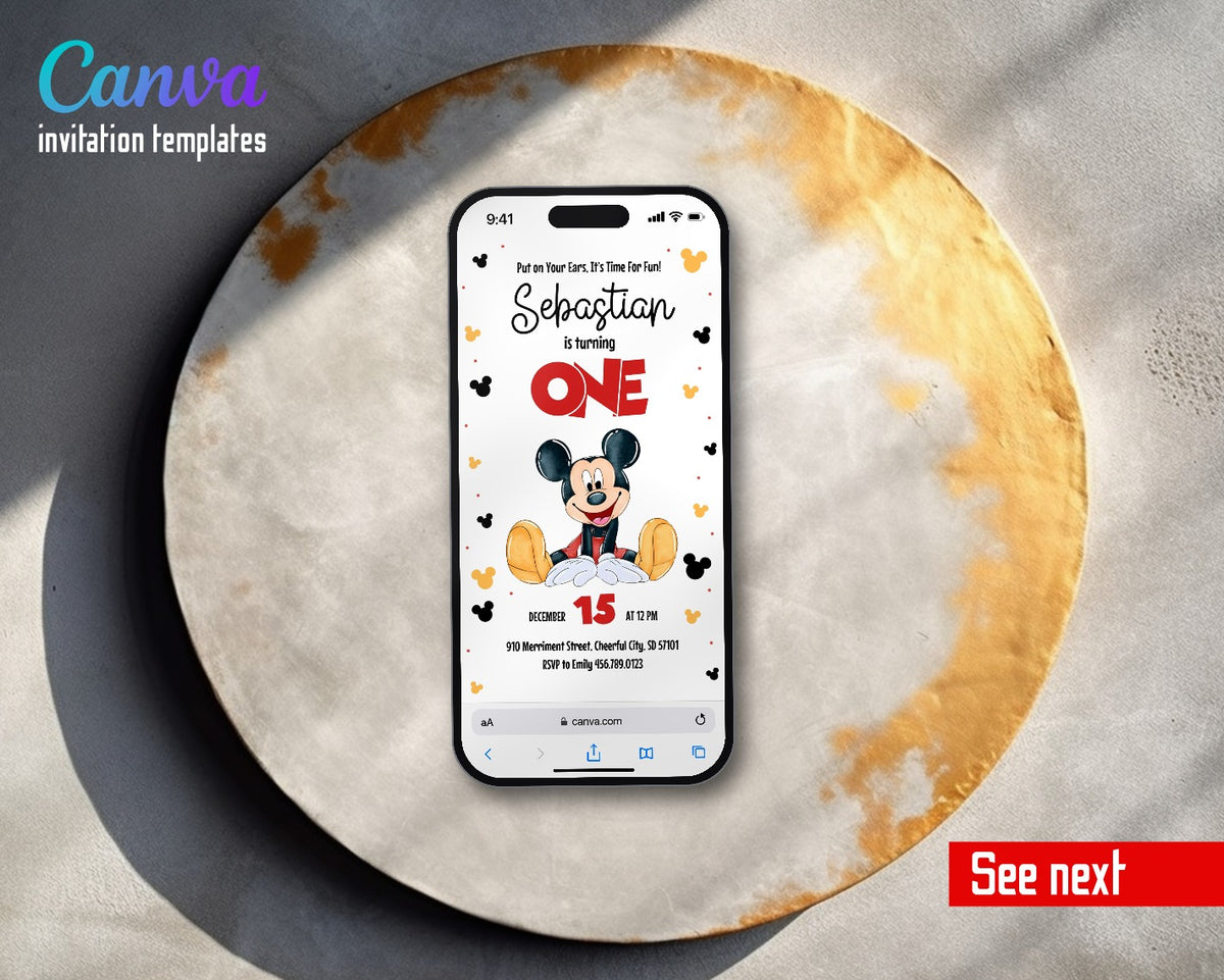 Mickey Mouse 1st Birthday Minimal Silhouettes Video Birthday Invitation | Animated Evite | Editable Canva