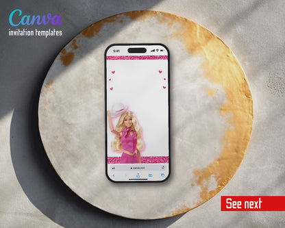 Barbie Pink Glitter Cowgirl Video Birthday Invitation | Animated Evite | Editable Canva