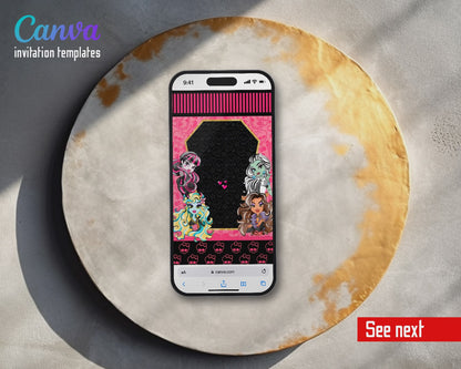 Monster High Coffin Frame Skull Pattern Video Birthday Invitation | Animated Evite | Editable Canva