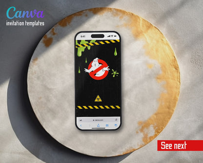 Ghostbusters Hazard Tape Black Slime Video Birthday Invitation | Animated Evite | Editable Canva