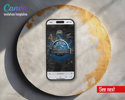 Jurassic World Dinosaur Blue Raptor Cracked Rock Video Birthday Invitation | Animated Evite | Editable Canva