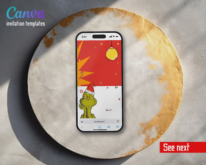 Dr Seuss How the Grinch Stole Christmas Red Ornament Santa Hat Video Birthday Invitation | Animated Evite | Editable Canva