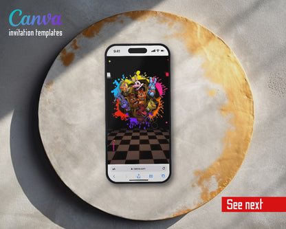 Five Nights at Freddy's Neon Checkered Hallway Video Birthday Invitation | Animated Evite | Editable Canva