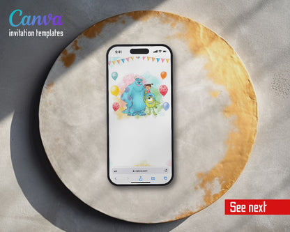 Monsters, Inc. Watercolor Balloon Sulley Boo Video Birthday Invitation | Animated Evite | Editable Canva