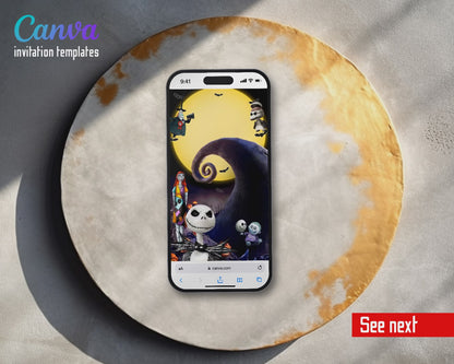 The Nightmare Before Christmas Halloween Giant Moon Jack Video Birthday Invitation | Animated Evite | Editable Canva