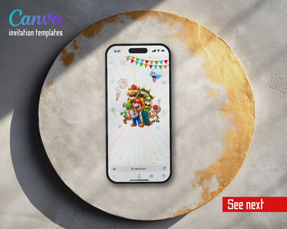 Super Mario Bros White Rays Yellow Name Video Birthday Invitation | Animated Evite | Editable Canva
