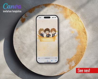 Harry Potter Chibi Trio Gold Banner Video Birthday Invitation | Animated Evite | Editable Canva