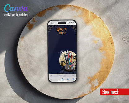 The Nightmare Before Christmas Halloween Skellington Moon Hill Video Birthday Invitation | Animated Evite | Editable Canva