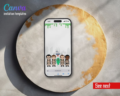 Ghostbusters Chibi Team Slime Skyline Video Birthday Invitation | Animated Evite | Editable Canva