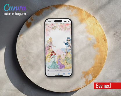 Disney Princess Pink Watercolor Princesses Video Birthday Invitation | Animated Evite | Editable Canva