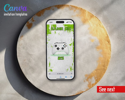Gamer Party Lime Splatter Controller Video Birthday Invitation | Animated Evite | Editable Canva