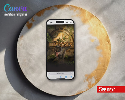 Jurassic World Rebirth Dinosaur Golden Temple T-rex Video Birthday Invitation | Animated Evite | Editable Canva