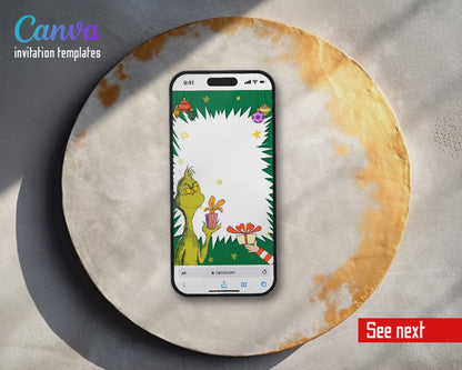 Dr Seuss How the Grinch Stole Christmas Green Starburst Gift Video Birthday Invitation | Animated Evite | Editable Canva