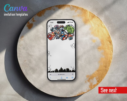 Avengers Hex Heroes Cityscape Video Birthday Invitation | Animated Evite | Editable Canva