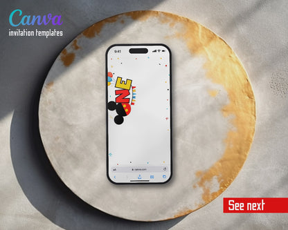Mickey Mouse 1st Birthday Ears ONE Balloons Video Birthday Invitation | Animated Evite | Editable Canva