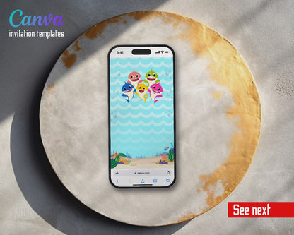 Baby Shark Cartoon Beach Sharks Video Birthday Invitation | Animated Evite | Editable Canva