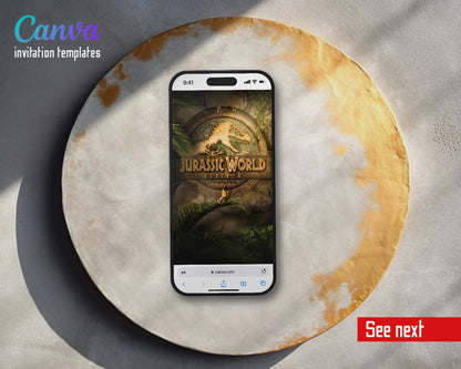 Jurassic World Rebirth Dinosaur Golden Medallion Video Birthday Invitation | Animated Evite | Editable Canva
