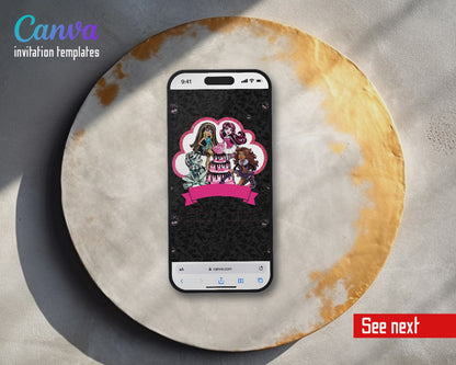 Monster High Birthday Cake Scalloped Frame Video Birthday Invitation | Animated Evite | Editable Canva