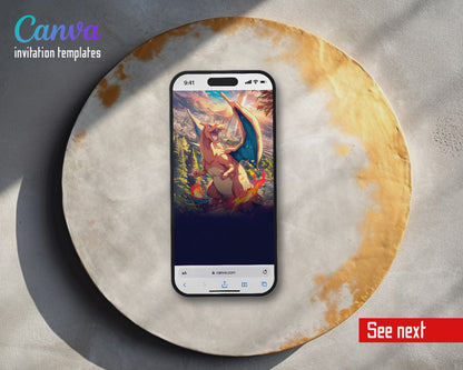 Charizard Pokemon Anime Trading Card Video Birthday Invitation | Animated Evite | Editable Canva
