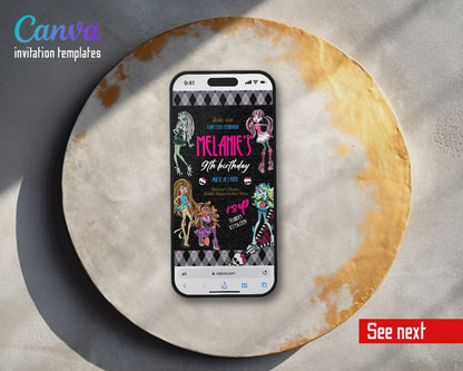 Monster High Argyle Gray Borders Video Birthday Invitation | Animated Evite | Editable Canva