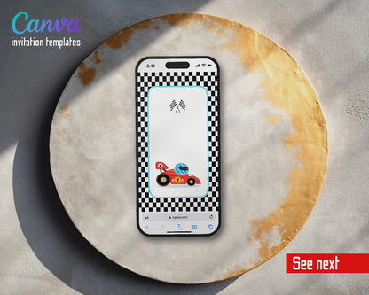 Race Car 2nd Bday Watercolor Racing Checker Border Video Birthday Invitation | Animated Evite | Editable Canva