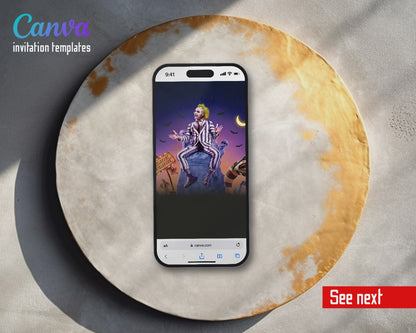 Beetlejuice Halloween Neon Showtime Graveyard Video Birthday Invitation | Animated Evite | Editable Canva