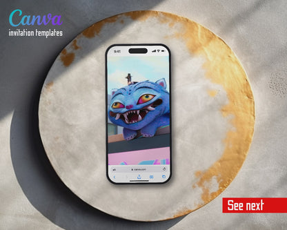 K-pop Demon Hunter Glowing Eyes Blue Cat Video Birthday Invitation | Animated Evite | Editable Canva