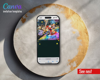 Mario Kart Rainbow Road Fireworks Video Birthday Invitation | Animated Evite | Editable Canva